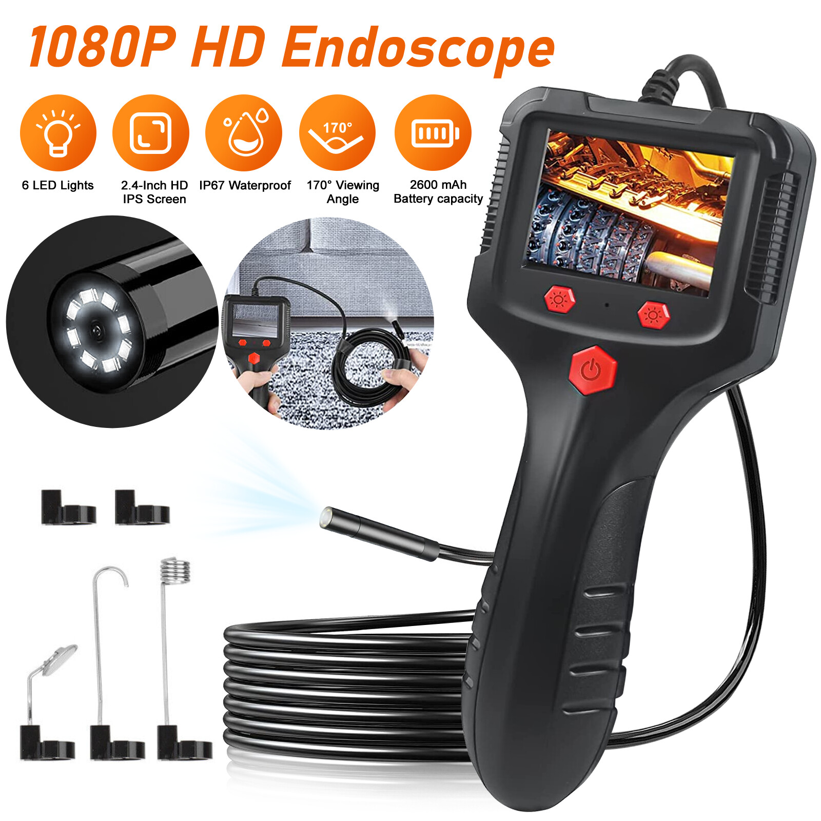 HD 1080P LED Handheld Industrial Endoscope Borescope 8mm Inspection Snake Camera