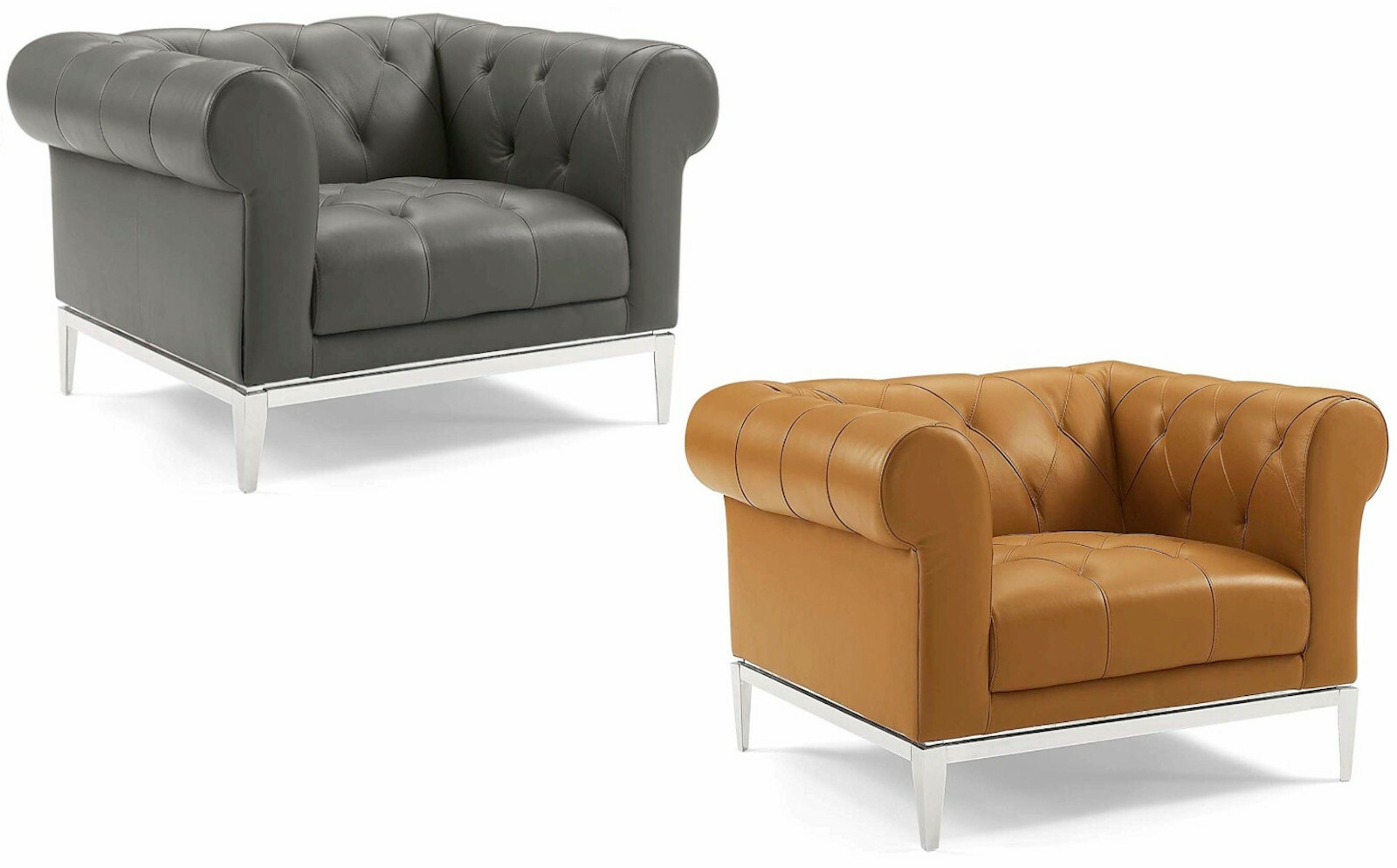 Chesterfield Chair Genuine Top Grain Soft Gray or Tan Leather Diamond Tufted