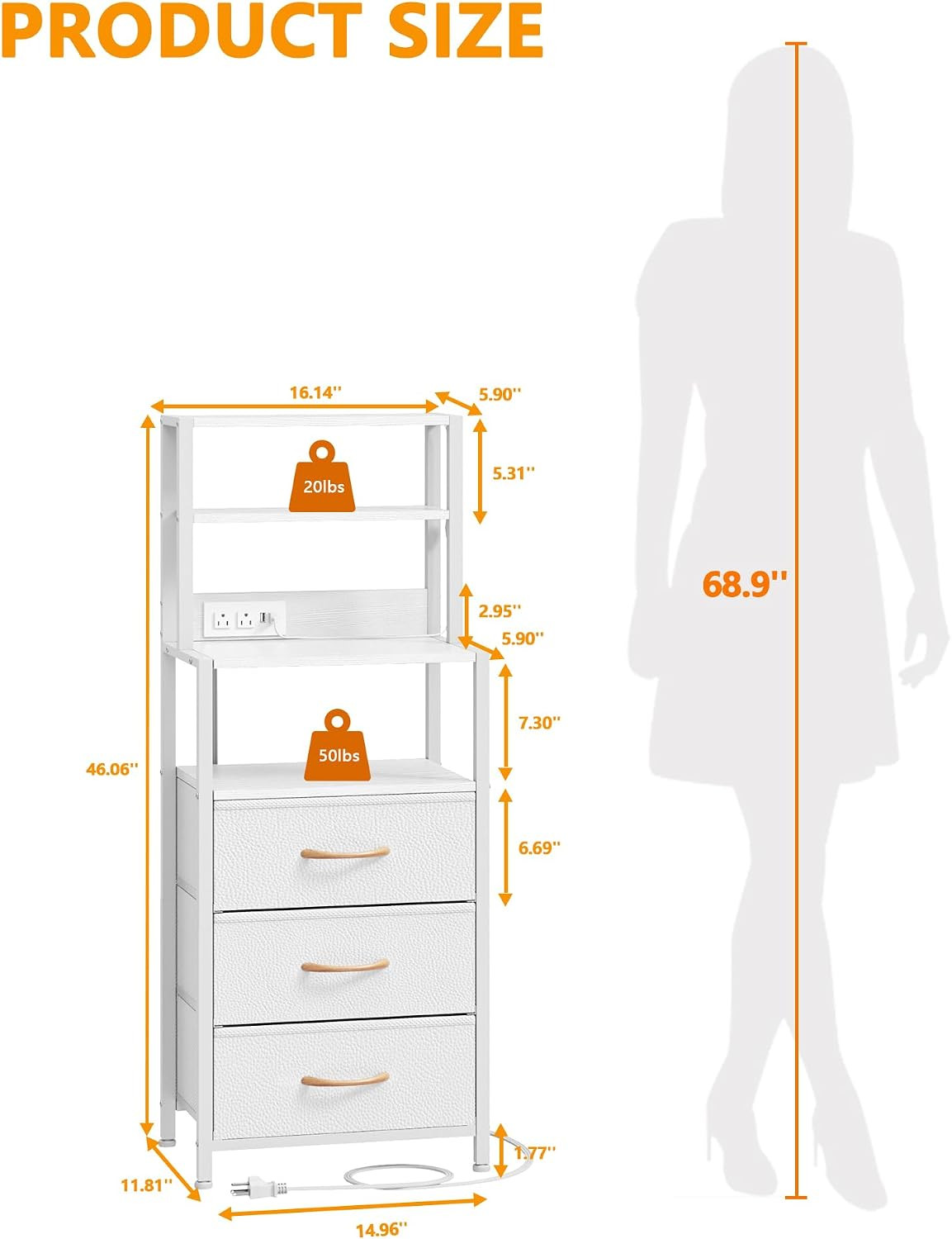 Tall Night Stand, White Bedside Nightstand with Charger Station | 4-Tier