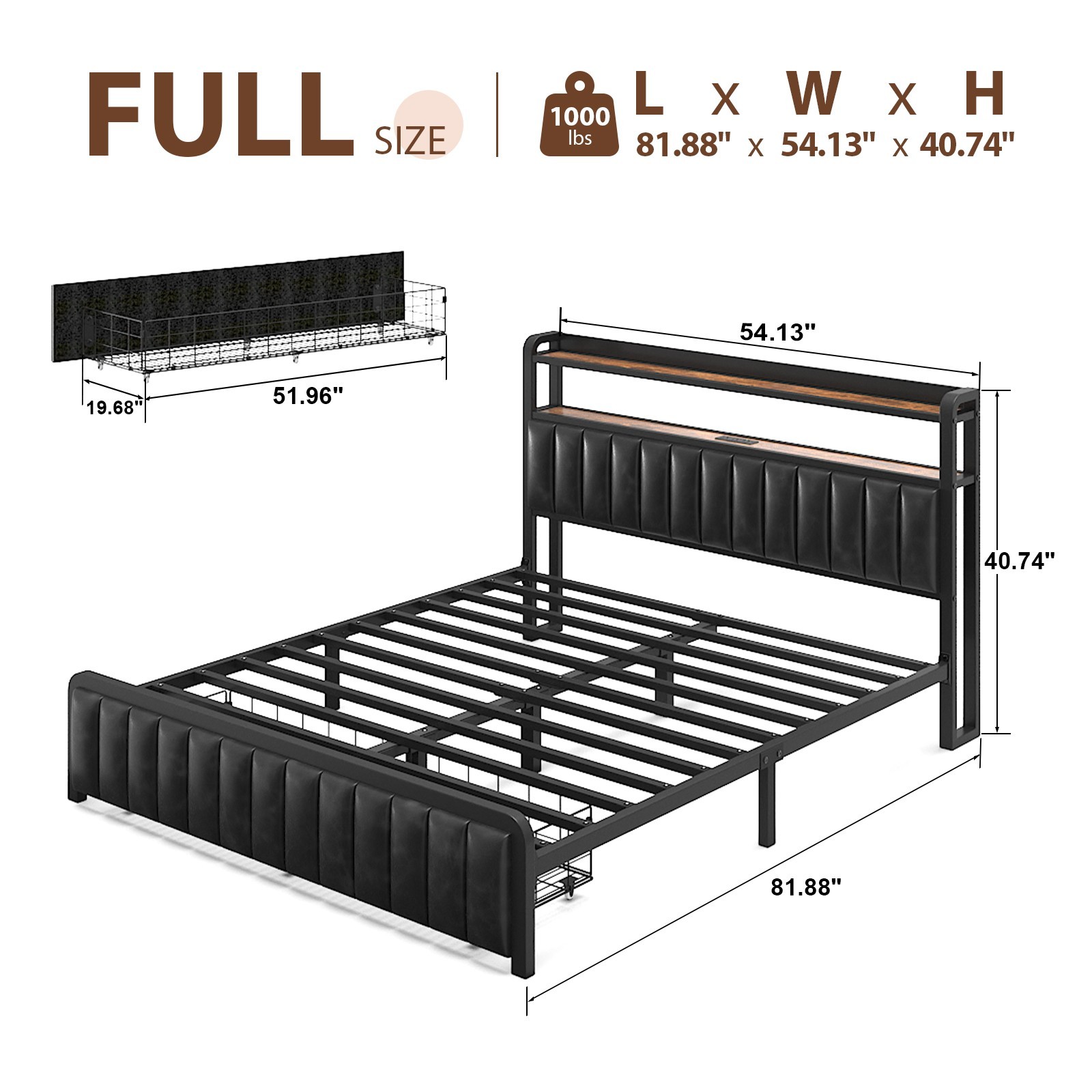 Full Queen Size Metal LED Bed Frame with Bed End Drawer and Storage Headboard