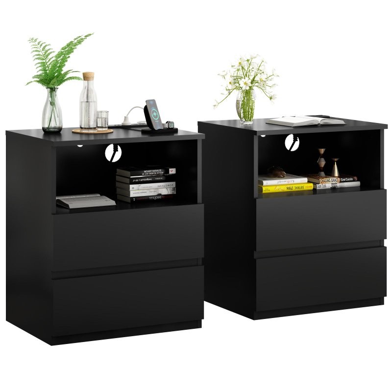 2 Nightstands End Table Chest of Dressers With USB C Charging Station, 2 Drawers