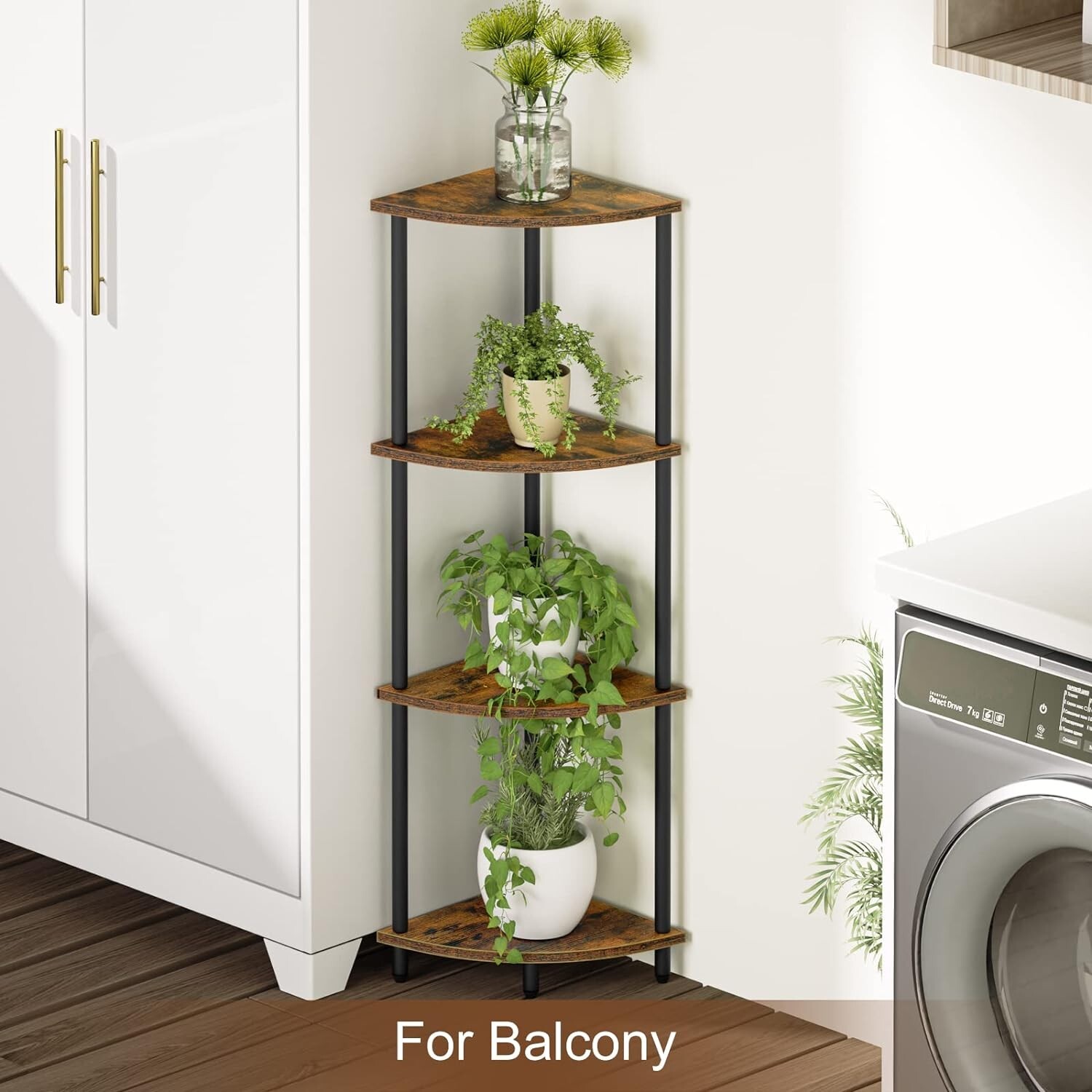 Versatile 4-Tier Corner Shelf Stand – Sturdy Wood and Iron – Multiple Sizes