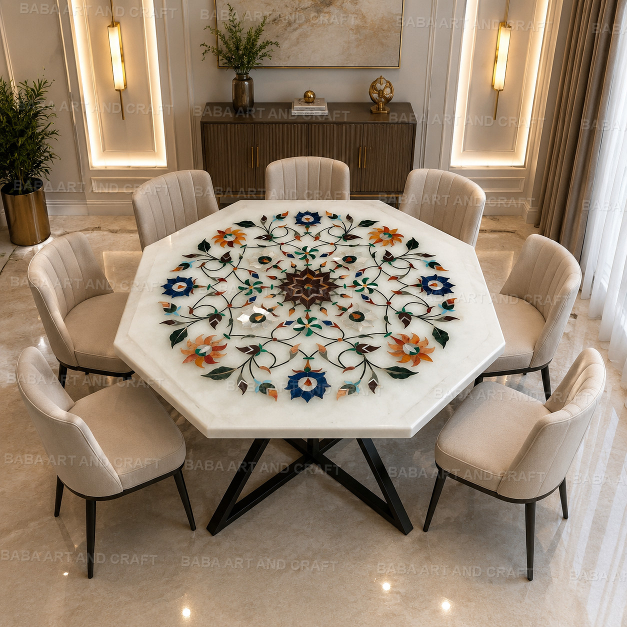 Handmade White Marble Octagonal Dining Table | Pietra Dura Floral Inlay Table |