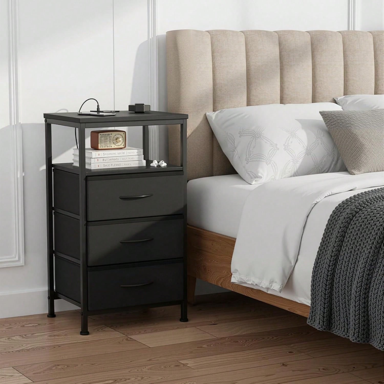 Black LED Nightstand Charging Station USB Bedside End Table Iron Fabric Drawers
