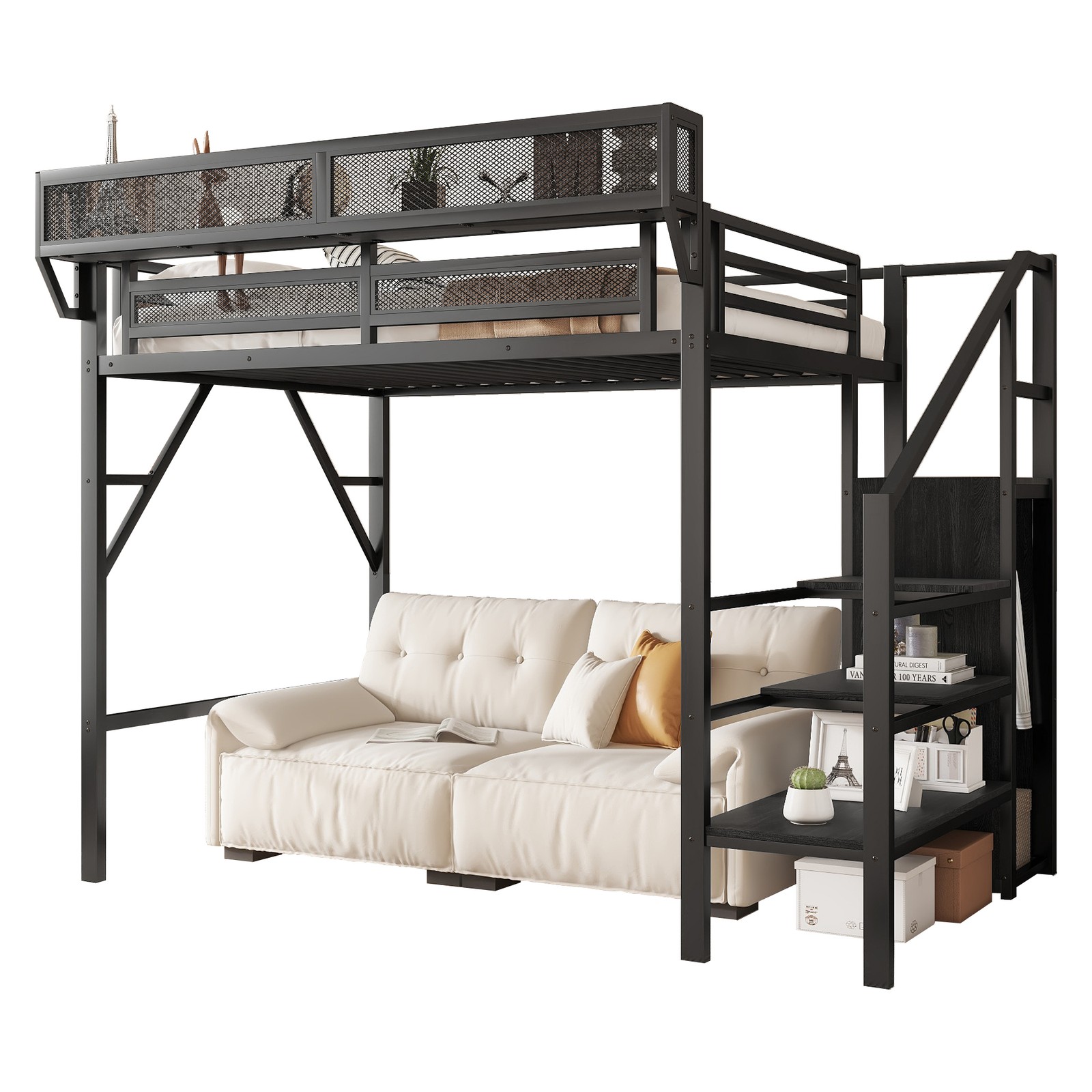 Twin Size Loft Bed with Stairs & Wardrobe, Metal Frame, Black
