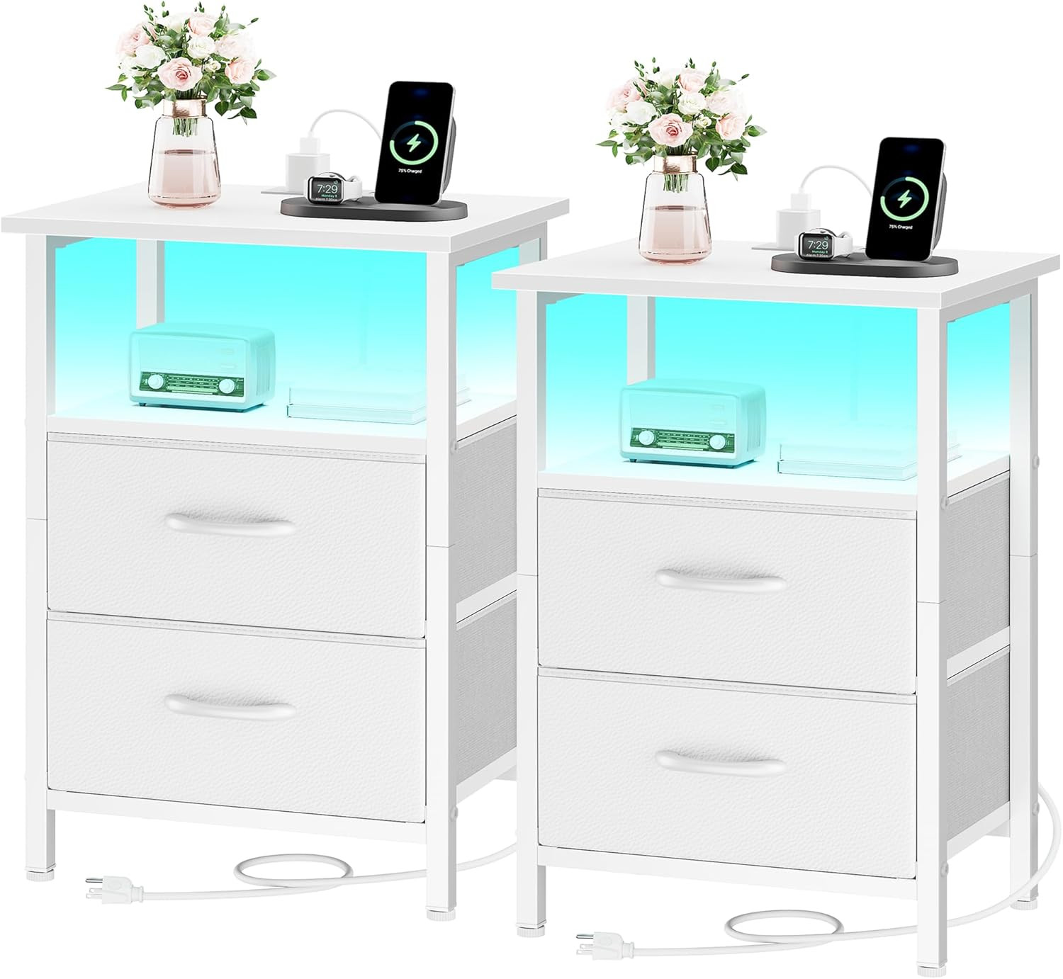 Set of 2 Nightstands with Charging Station and LED Lights, White