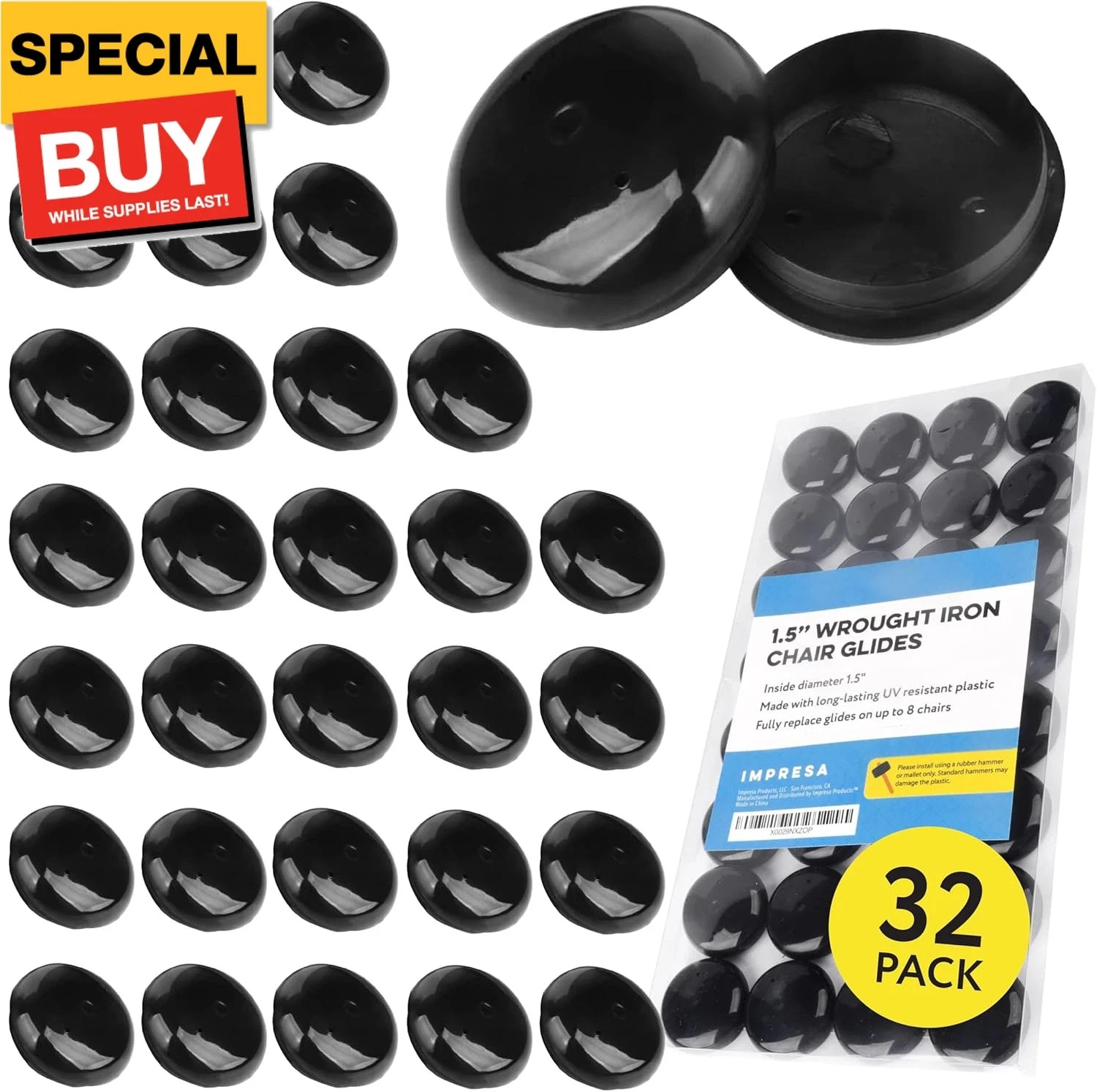 32 Pack Replacement Wrought Iron Chair Leg Caps, 1.5 Inches Fits 8 Chairs, UV Re