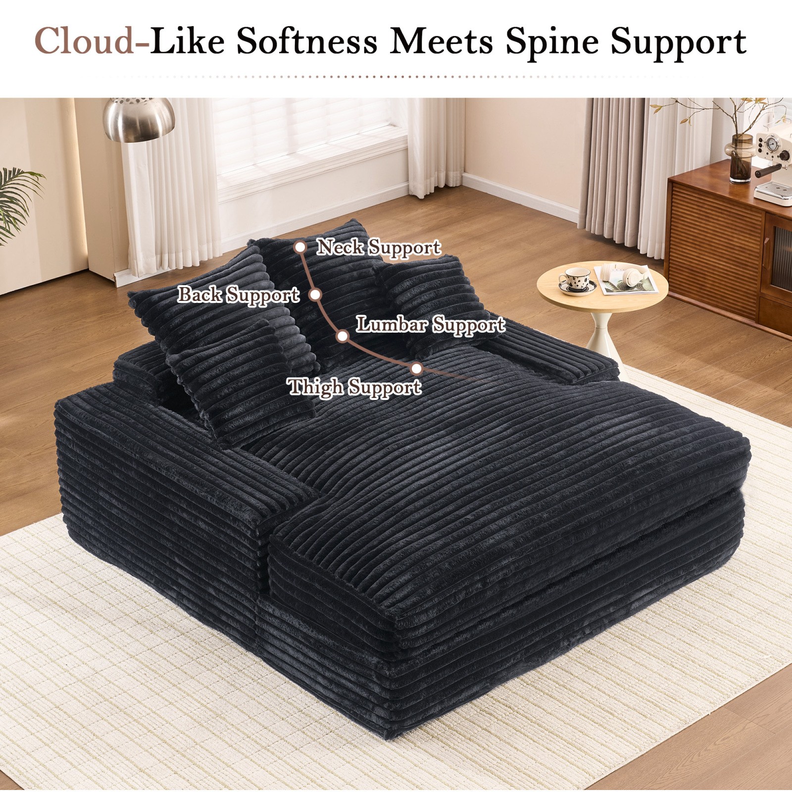 Oversized Chaise Lounge Sleeper Sofa Bed with 4 Pillows, Gray
