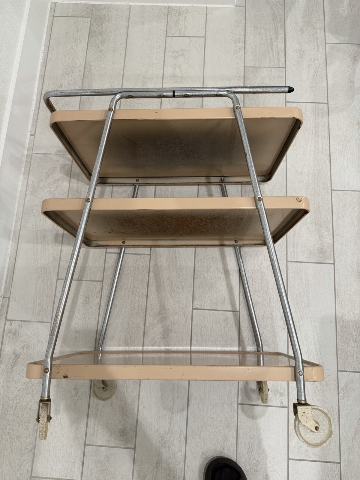 Vintage Cosco 3 Tier Cart Metal Rolling Bar Serving MCM Atomic Retro Beige Tan