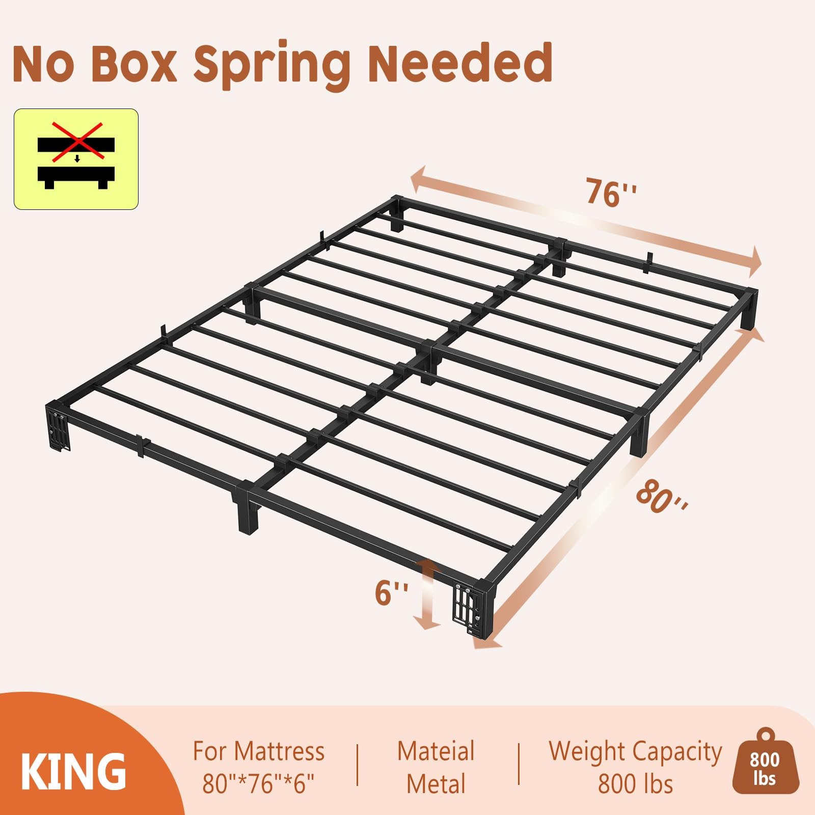 6″ Twin Full Queen King Size Metal Platform Bed Frame Heavy Duty 800Lb Tool-Free