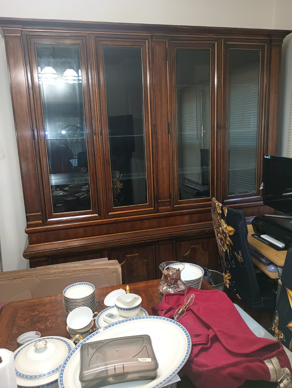 Brown Traditional Wood & Glass Freestanding 4-Door China Cabinet, Glass Front