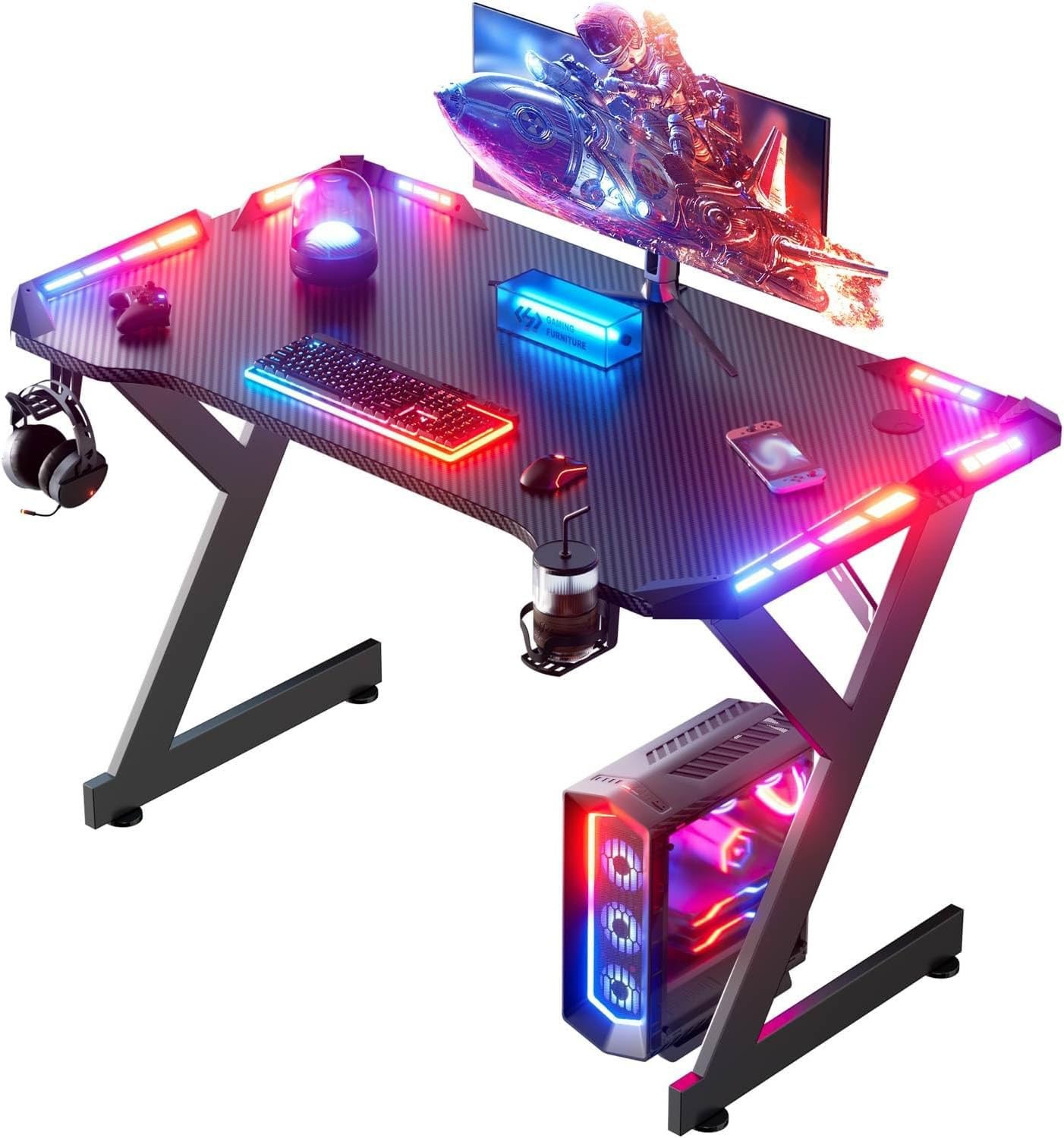 40 Inch Gaming Desk Carbon Fiber RGB LED Lights Black HeavyDuty 220 Lbs Capacit