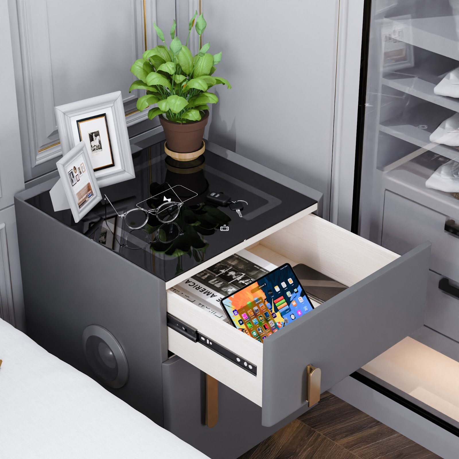 Double Drawer Smart Bedside Table with Safe (Dark Gray)