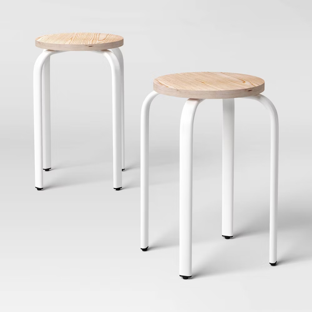 Set of 2 Plywood with Metal Base Stacking Stool White – Room
