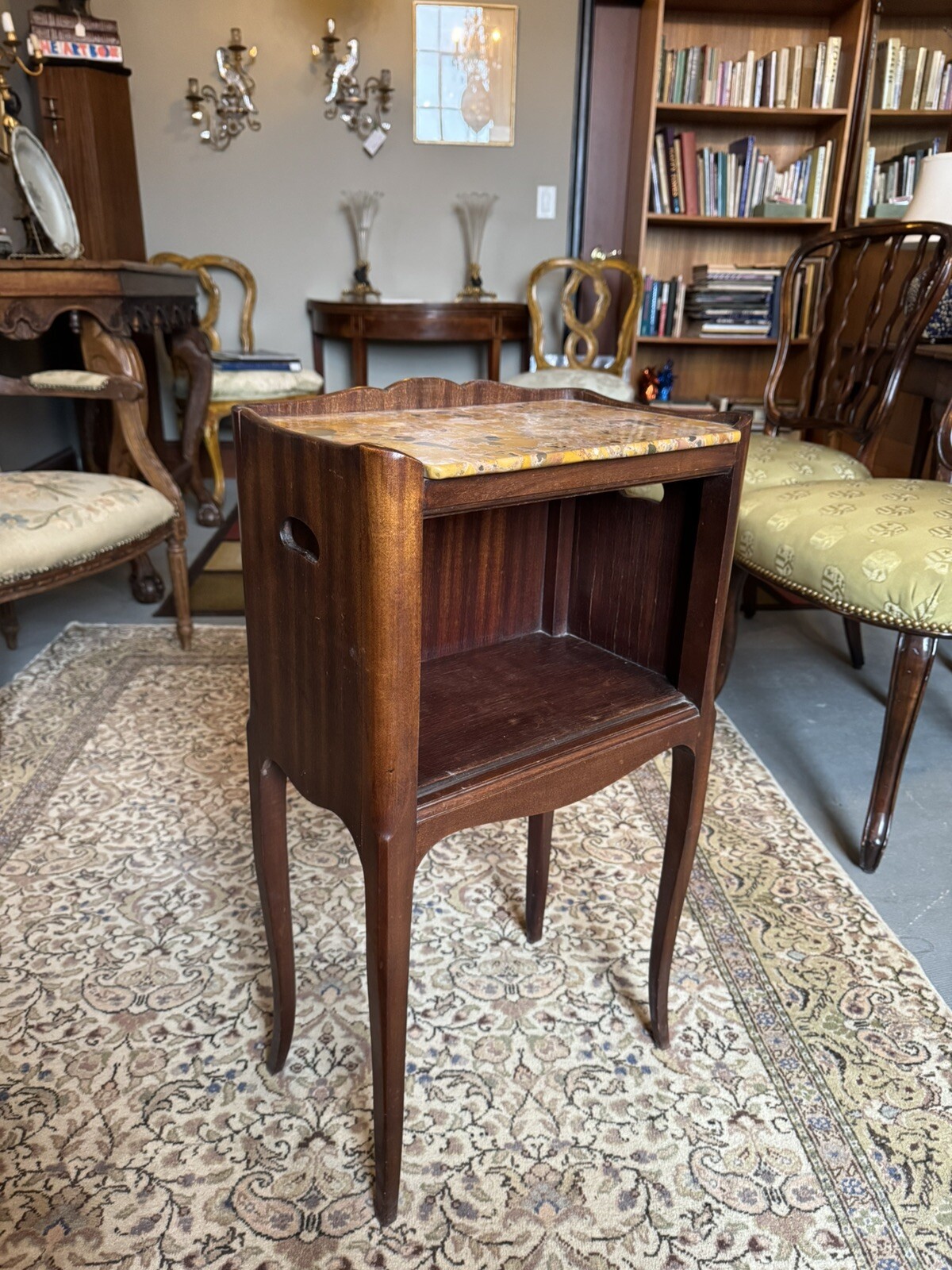 Antique C 1900 Petite French Fruitwood and Beccia Marble Bookshelf Side Table