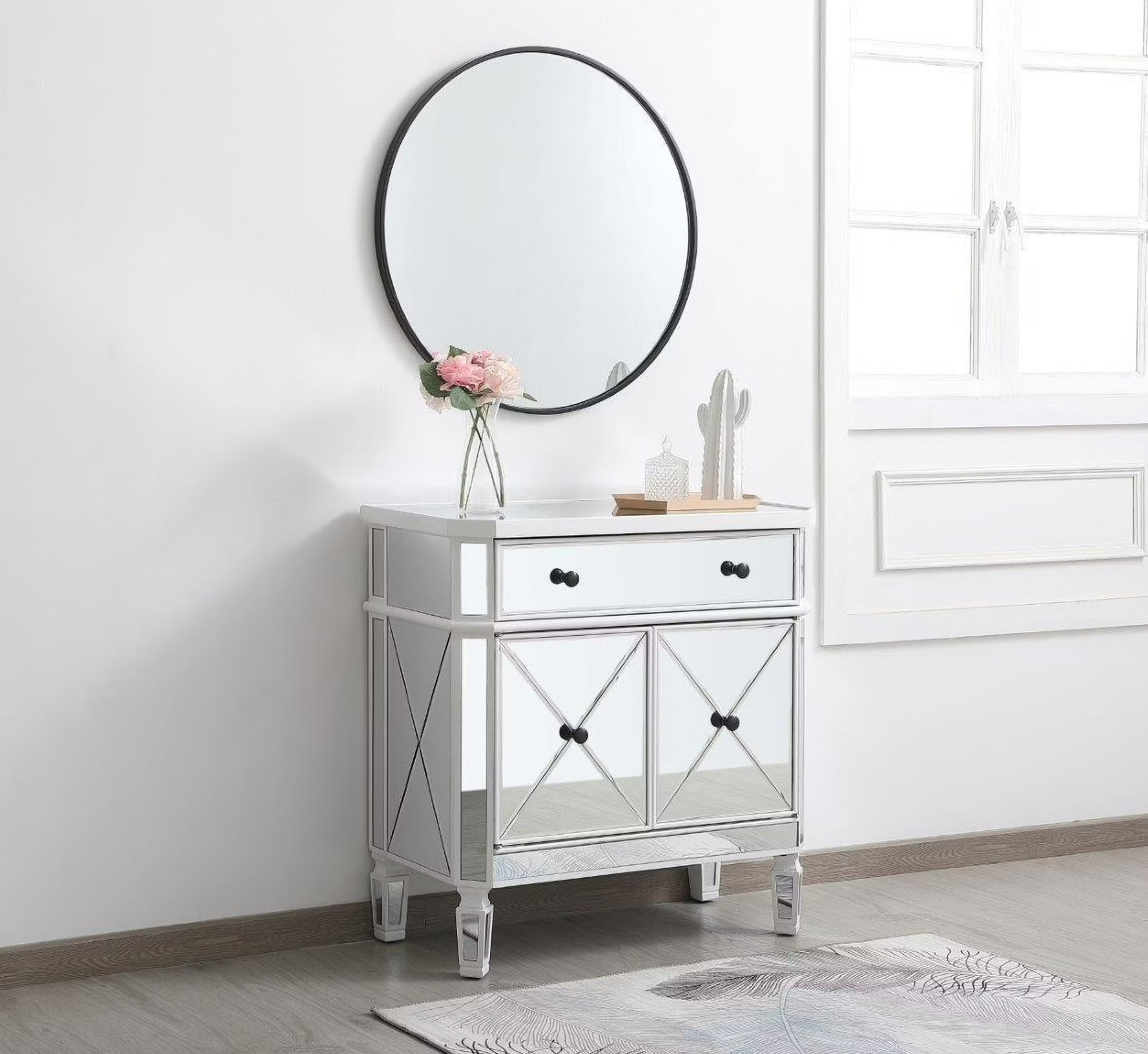 Bedroom Living or Dining Room Silver Mirrored Antique White Dresser Cabinet 32″