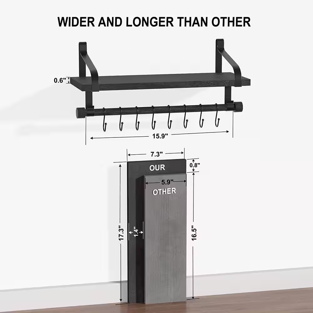 17.3 In. W X 7.3 In. D Black Wood Composite Decorative Wall Shelf, Floating Shel