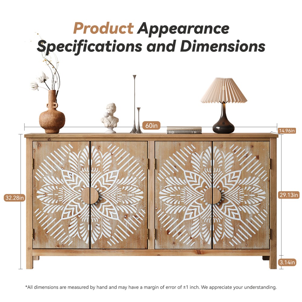 60″ Wood Accent Cabinet, 4 Doors, Brown/Antique White, Buffet Media Console