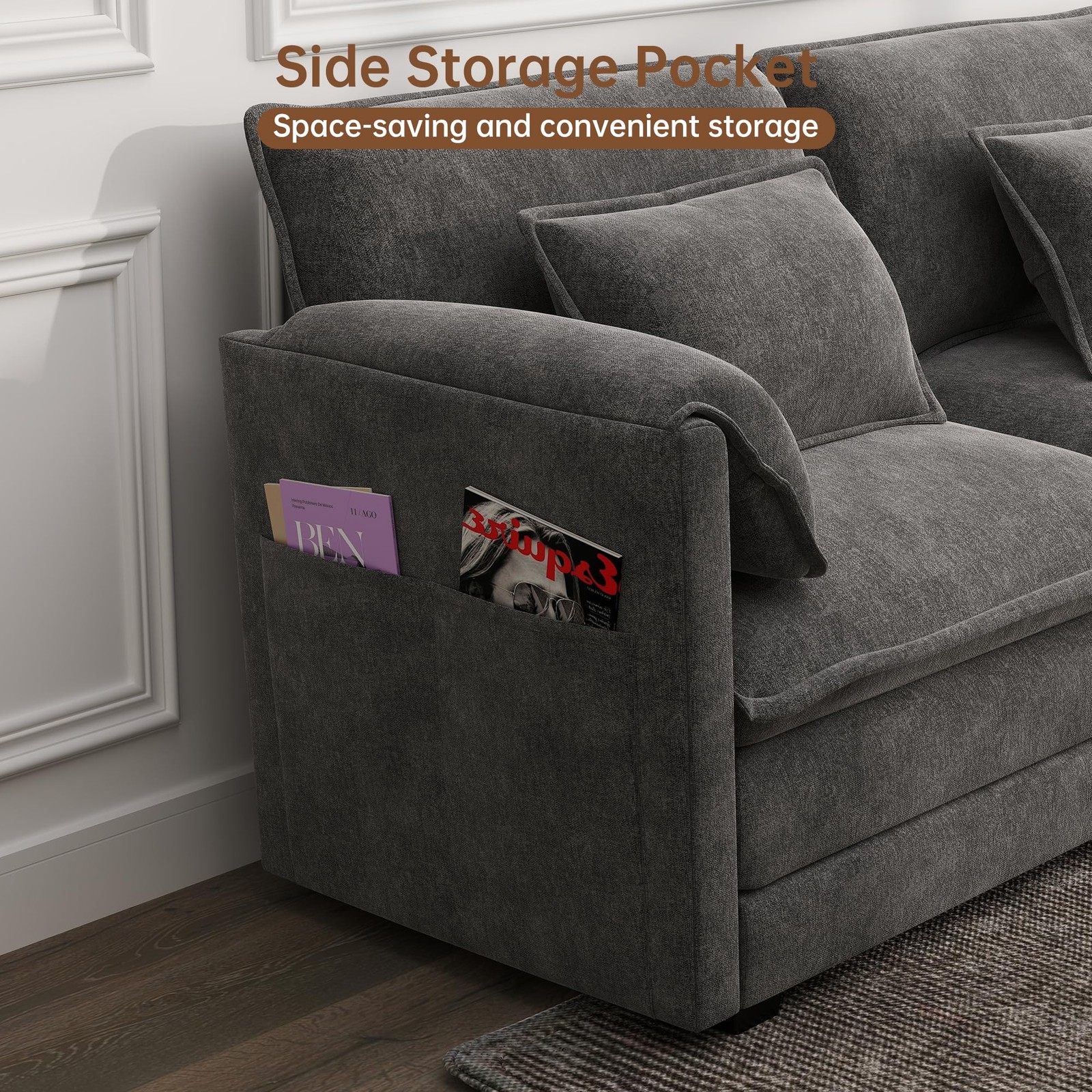 34.9in Modular Sectional Single Seat No Armrest w/ Ottoman Chenille Dark Gray