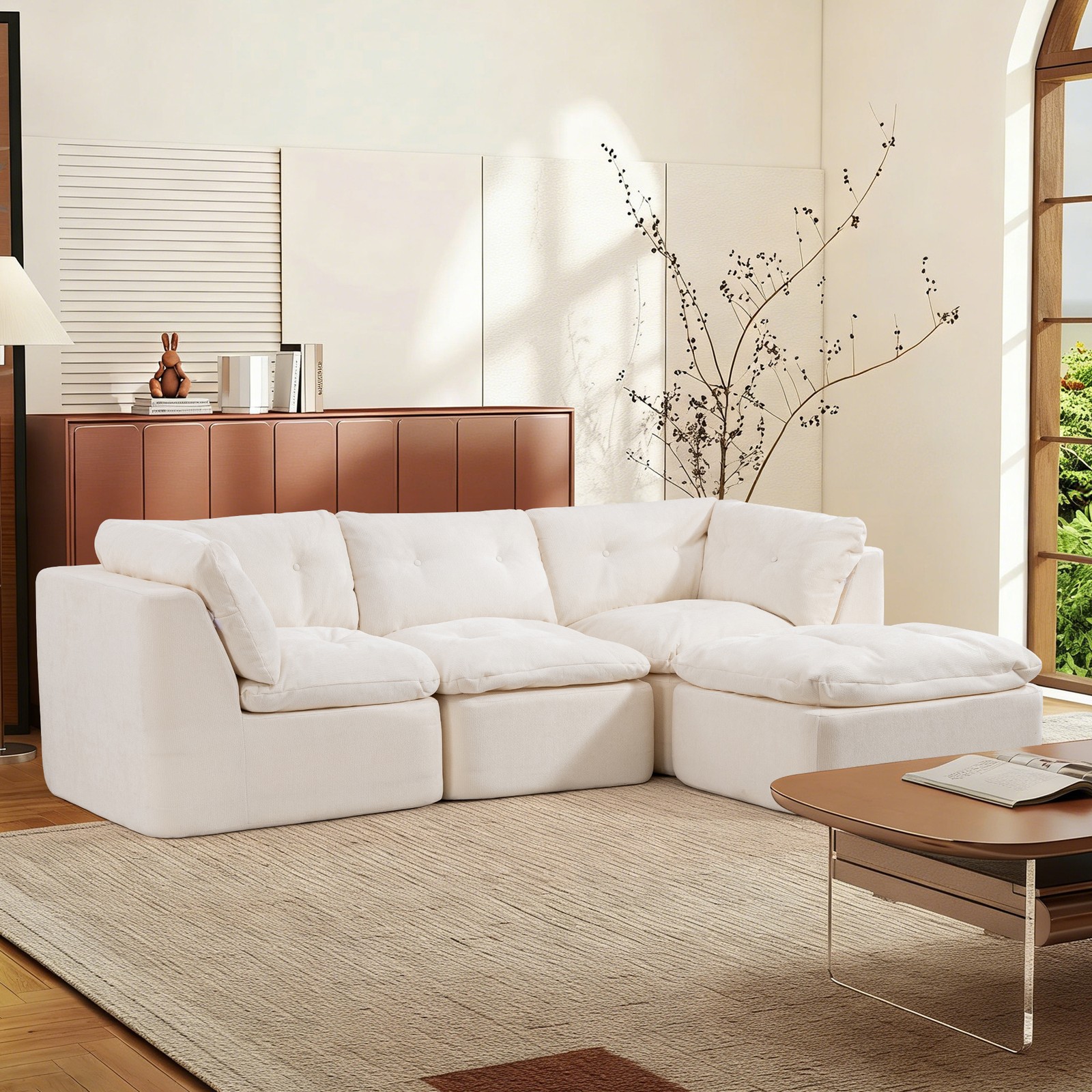 Modular Sectional Sofa Cloud L-Shaped 4-Seater Chenille Fabric Beige