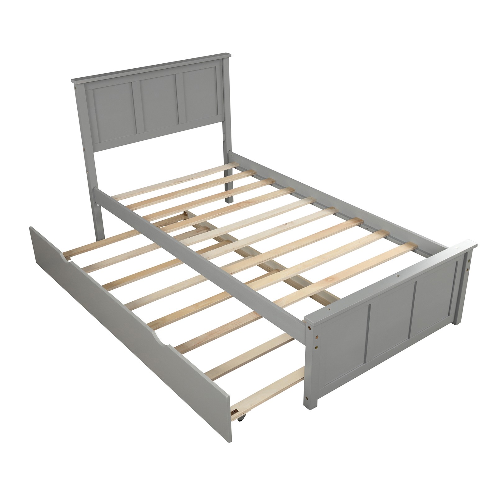 Twin Platform Bed Frame with Trundle, Gray Solid Wood & MDF
