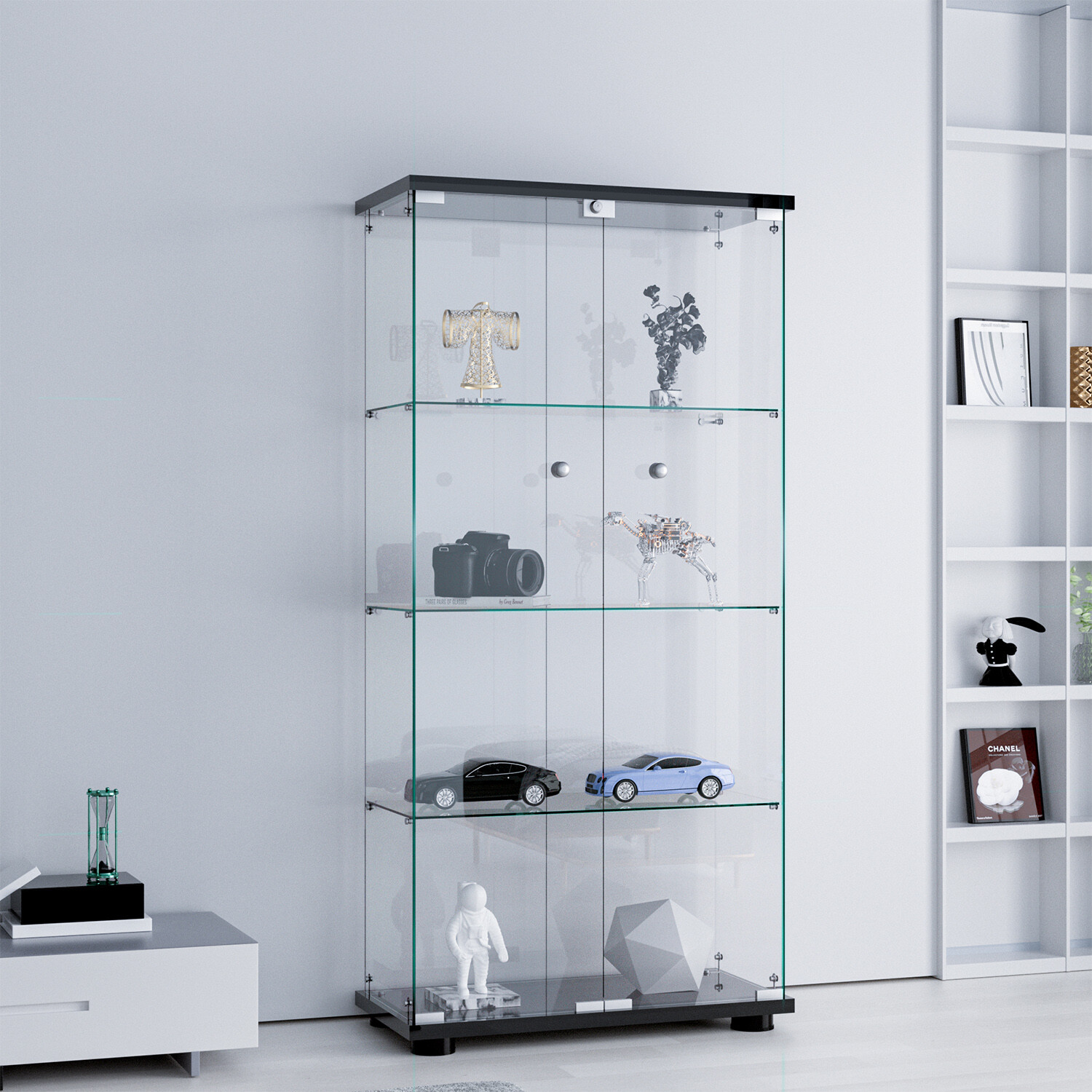 Glass Display Cabinet Curio Cabinets vintage Display Trophy antique Case 4-Shelf