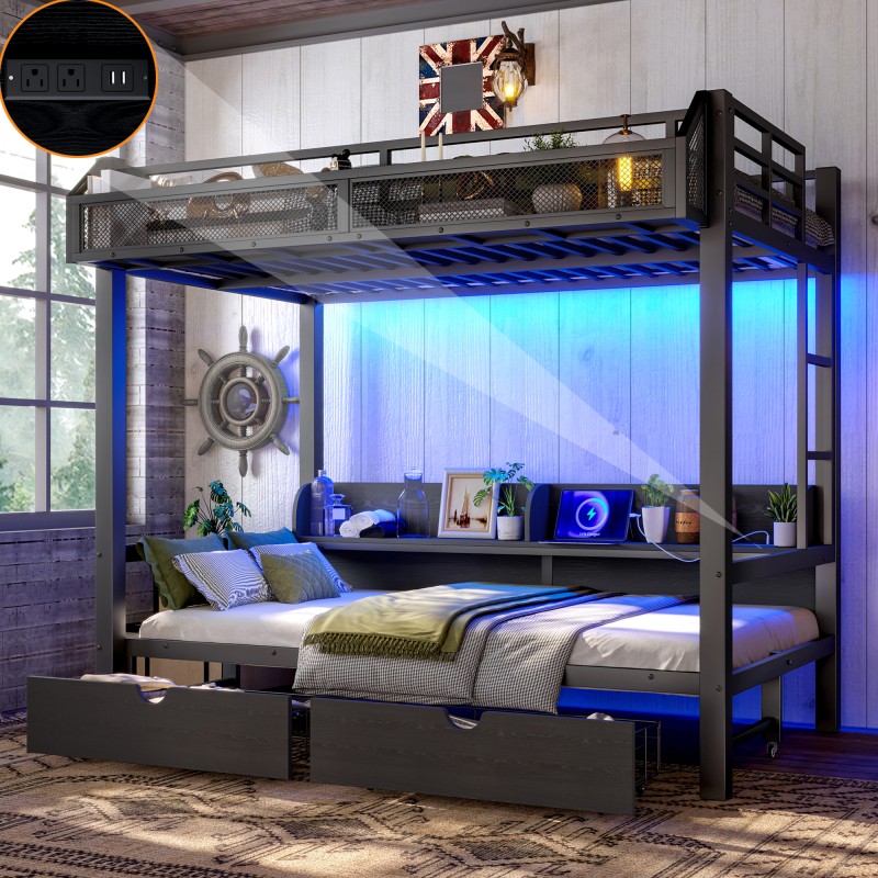 Twin over Twin Bunk Bed with Storage Shelves and Drawers,Metal Bed Frame Black