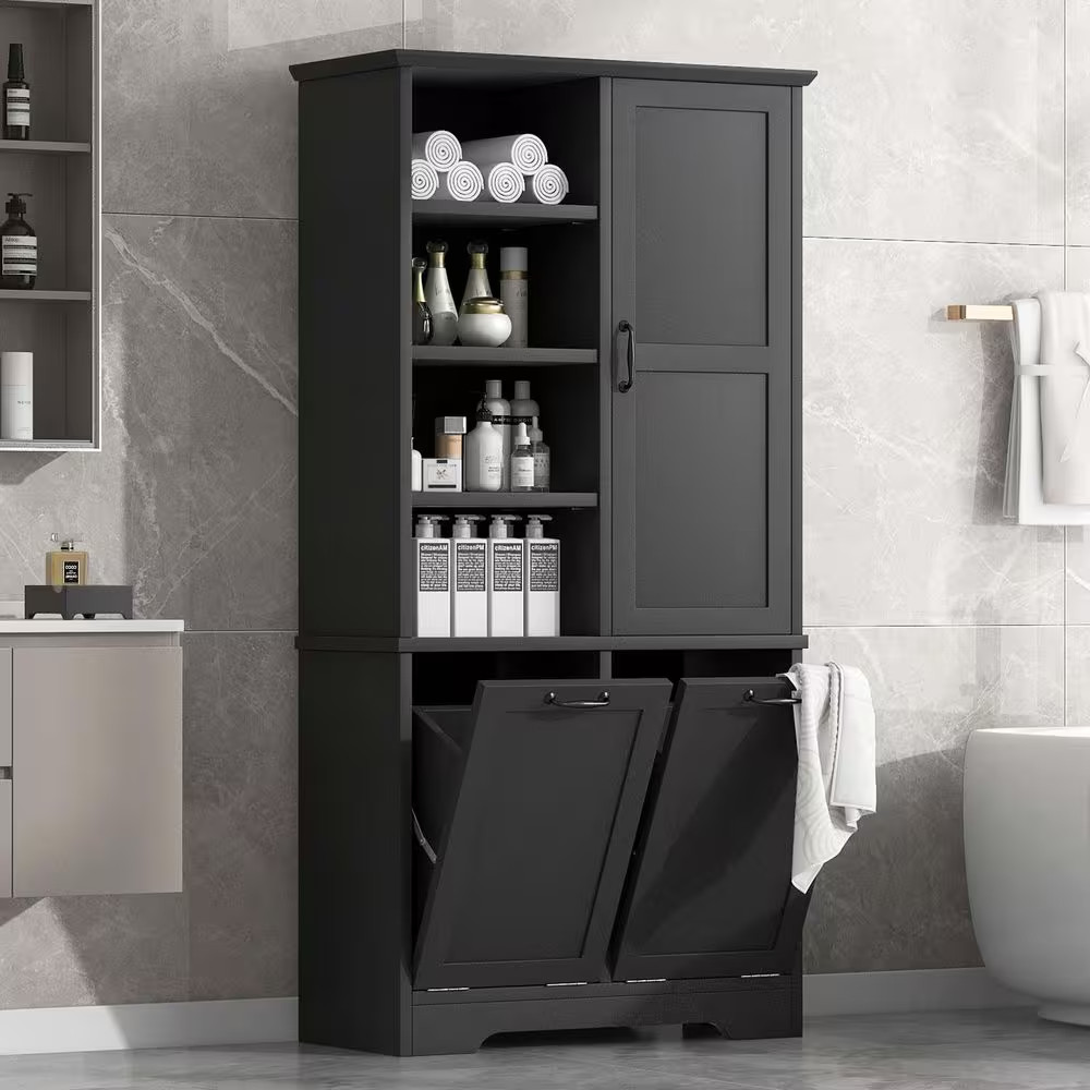 31 In. W X 14 In. D X 68 In. H Black MDF Freestanding Linen Cabinet with 1 Door,