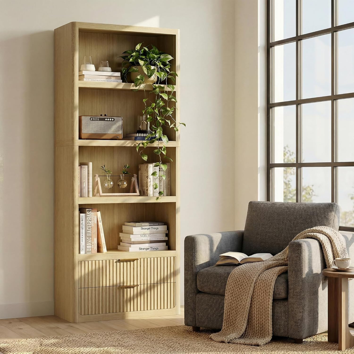 79″ Modern Wooden Bookshelf with 4 Shelves & 2 Drawers for Home & Office