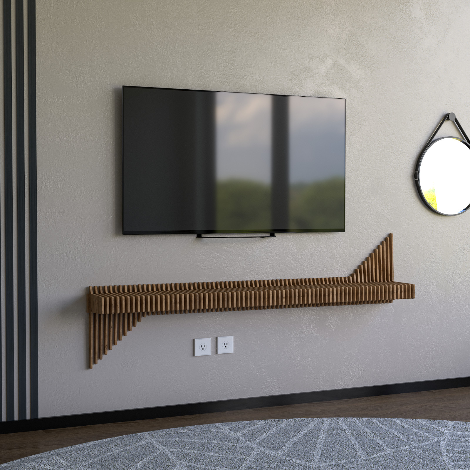 Batamex Parametric 65 inch Floating Shelf TV Unit Modern Geometric Wooden Wall