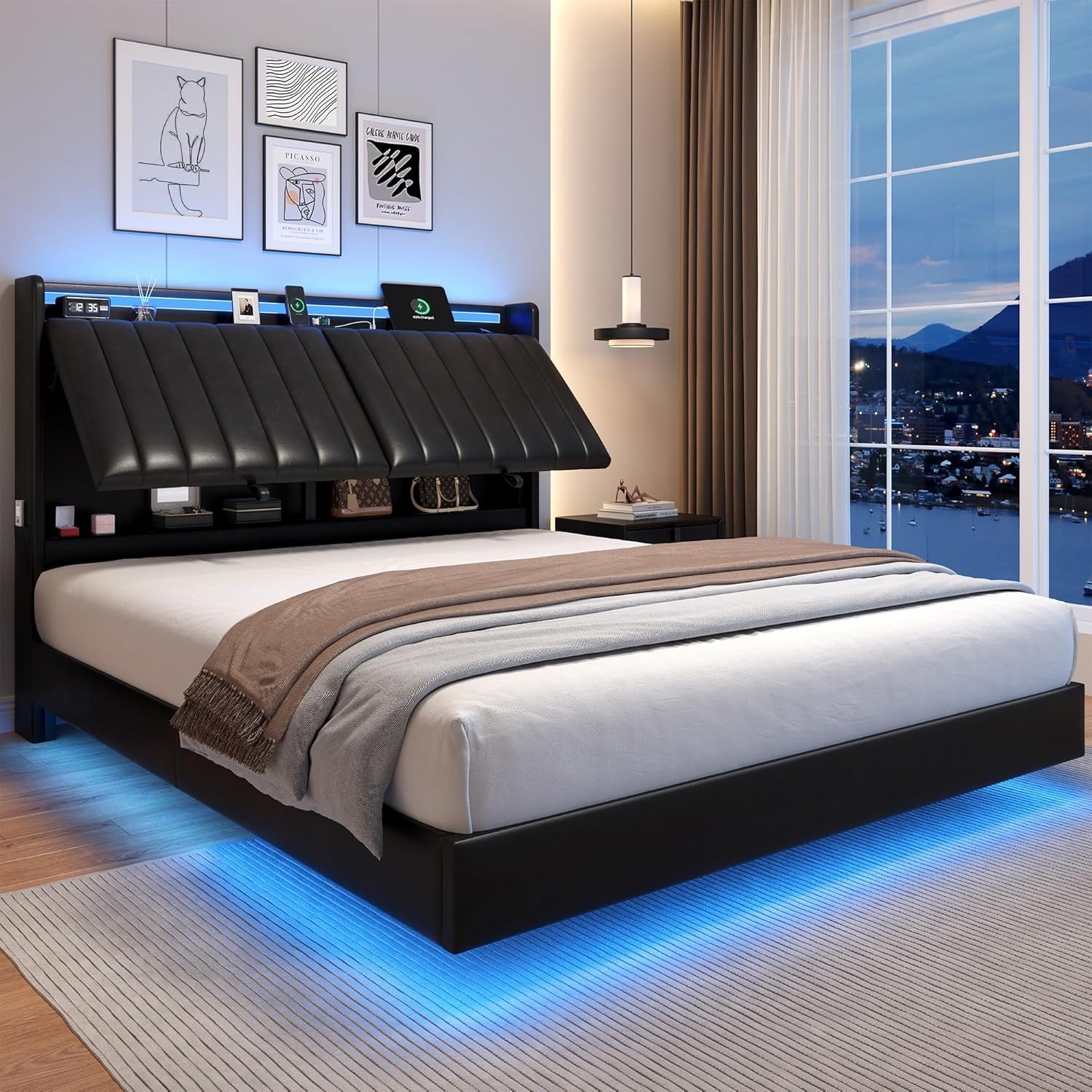 Floating Bed Frame with Ergonomic Hidden Storage Headboard and LED Light