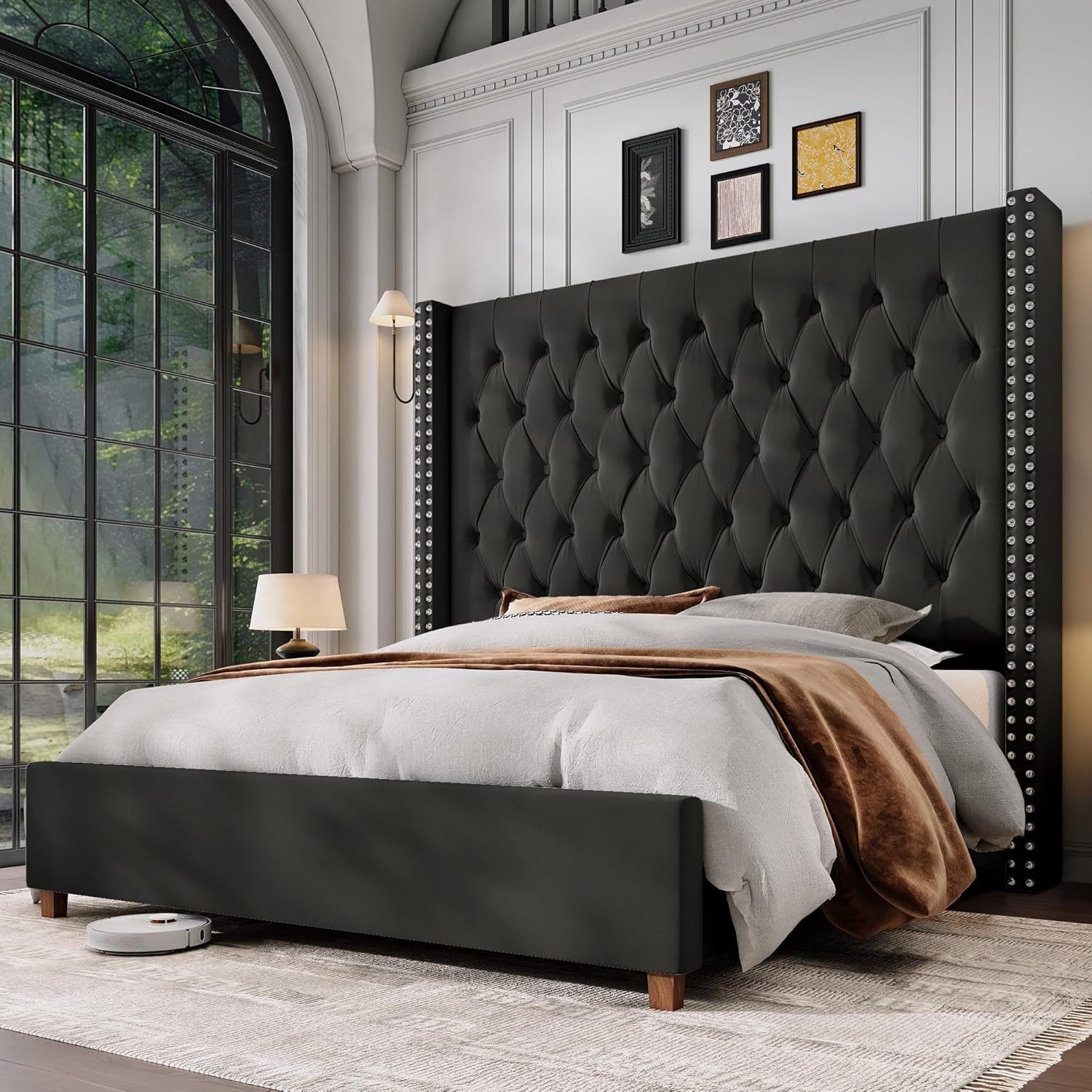 Jocisland Queen Size Bed Frame 61.4″ Extra Tall Wingback Headboard Velvet Uphols
