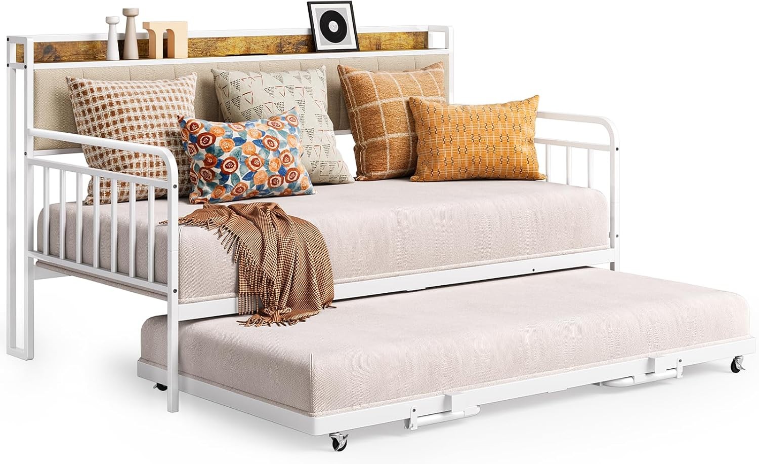 Daybed with Trundle, Twin Bed Frame with Upholstered Headboard and Charging