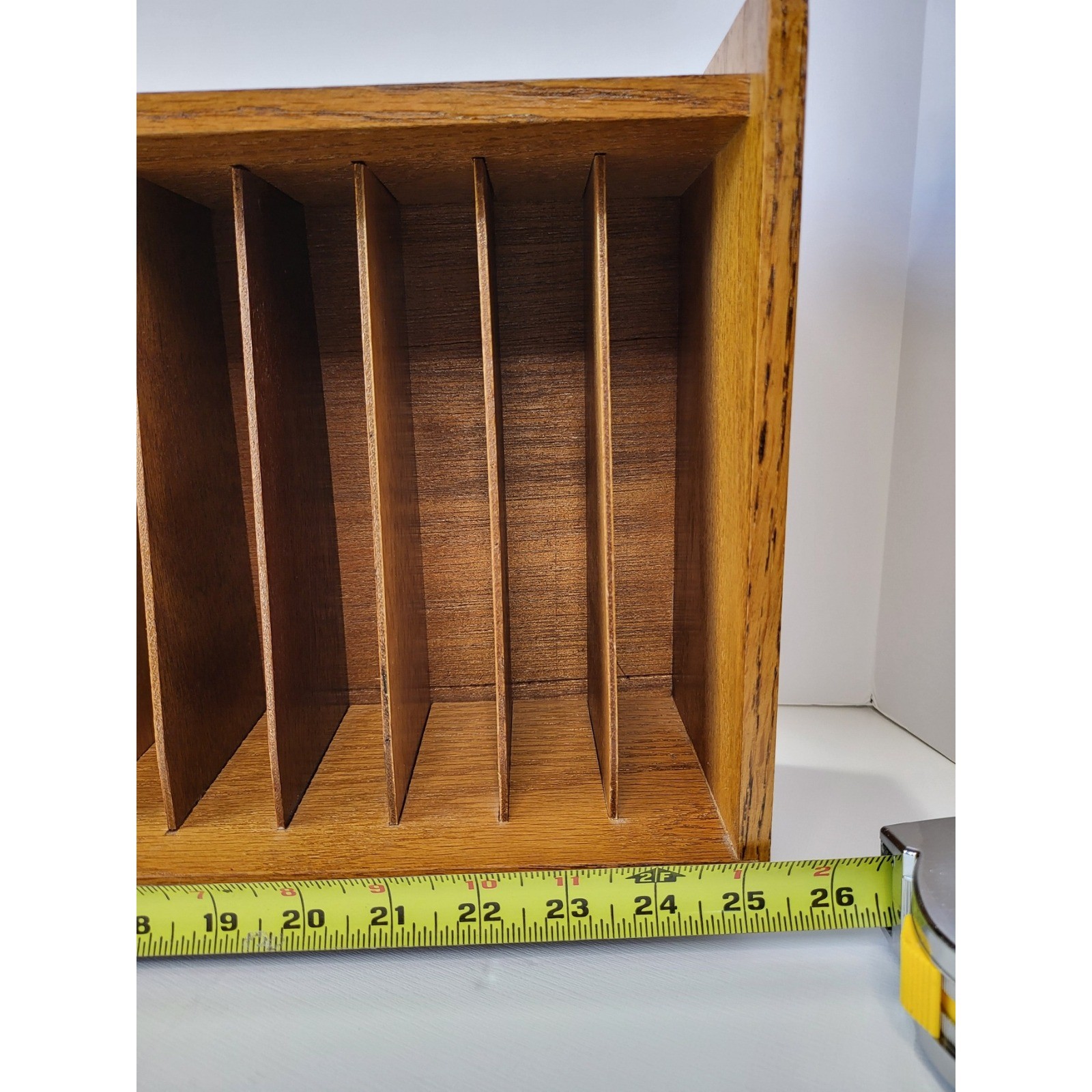 Vintage Retro Wood Media Storage Rack 18 Slot Holder Oak Tone Media Organizer