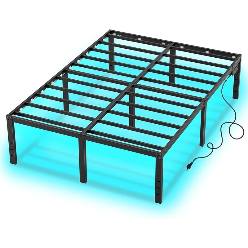 Metal Bed Frame W/ Charging Station LED Lights Music Control Easy Assembly New