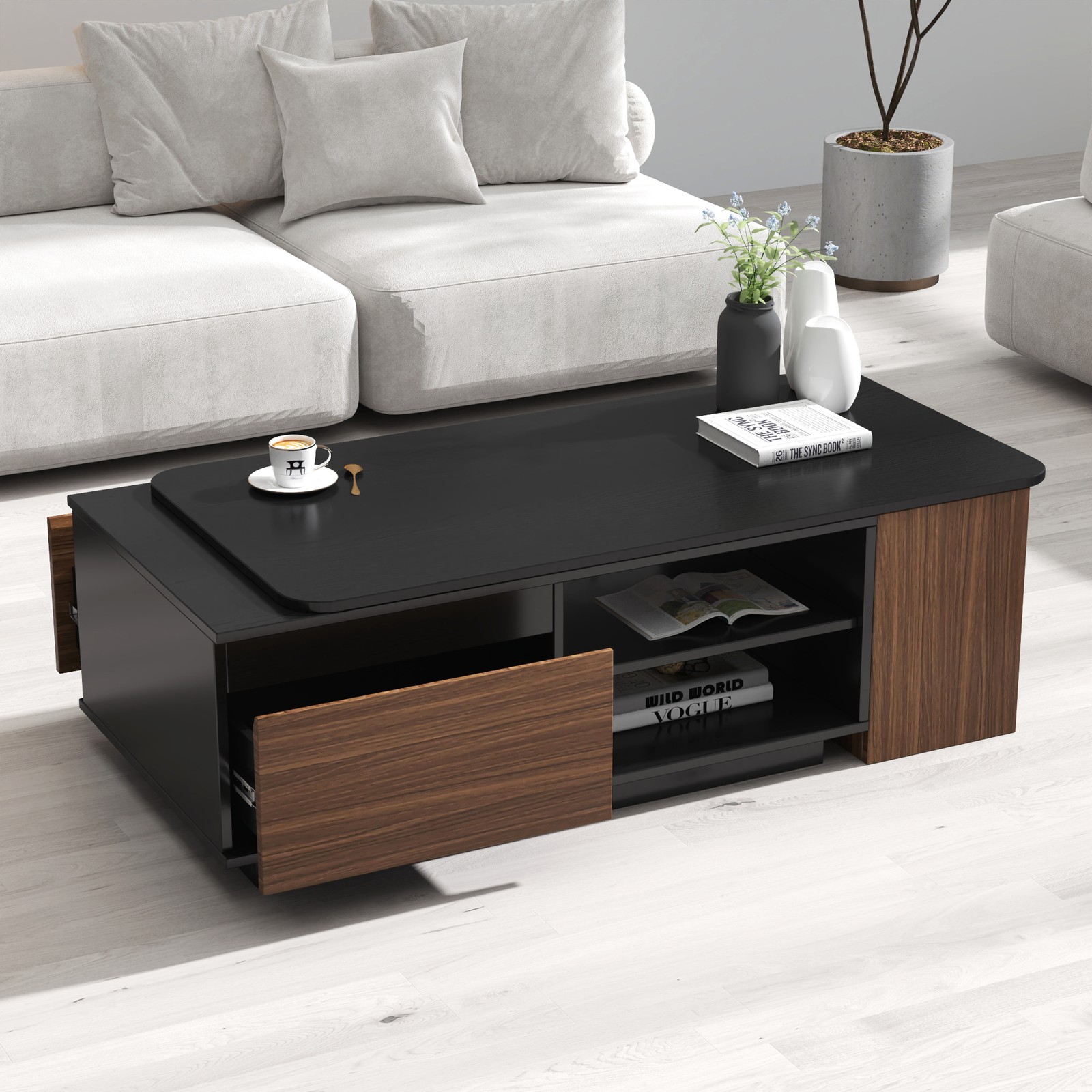 Extendable Coffee Table with 2 Storage Drawers, Adjustable Length