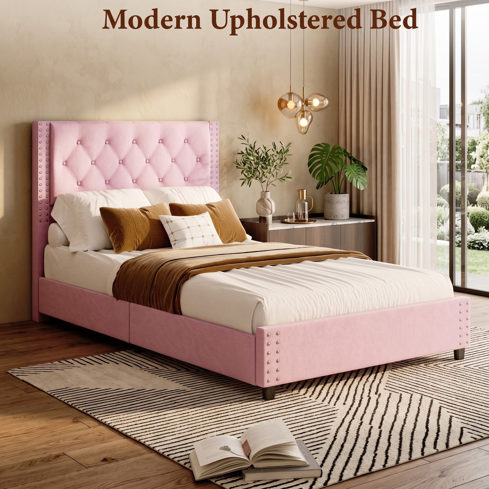 Full Size Bed Frame Luxurious Flannel Headboard Storage Bed Frame For Household