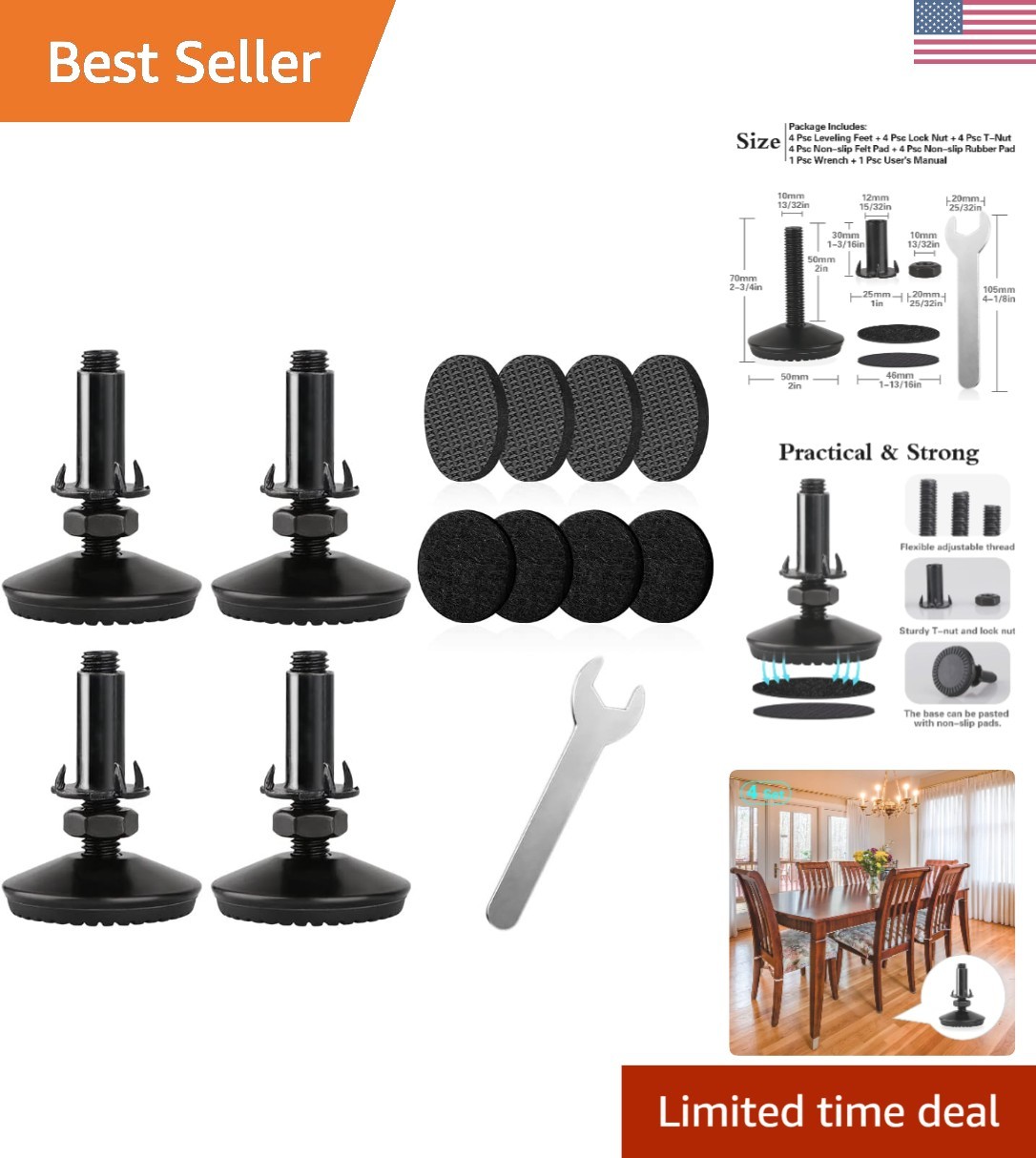 M10 Adjustable Leveling Feet for Furniture – Non-Slip, Easy Install, 4 Pack
