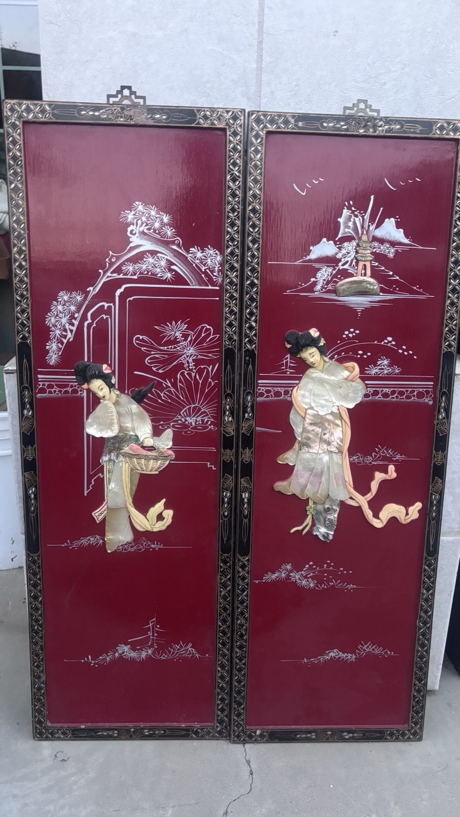 Asian Decorative 4-Panel Folding Screen Room Divider, Red/Black, Wood