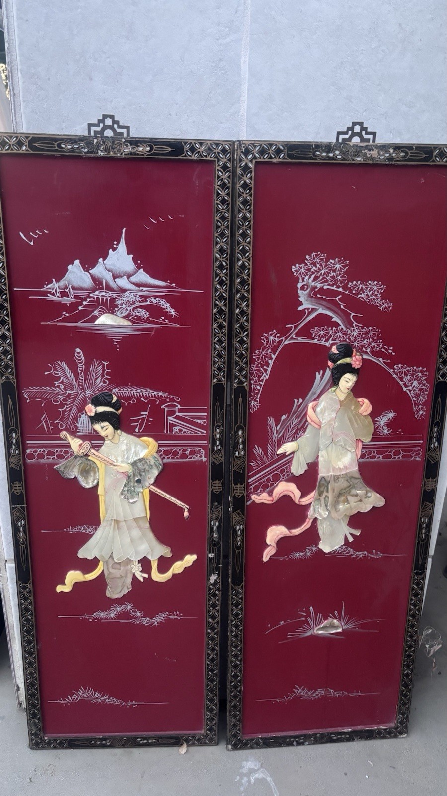 Asian Decorative 4-Panel Folding Screen Room Divider, Red/Black, Wood