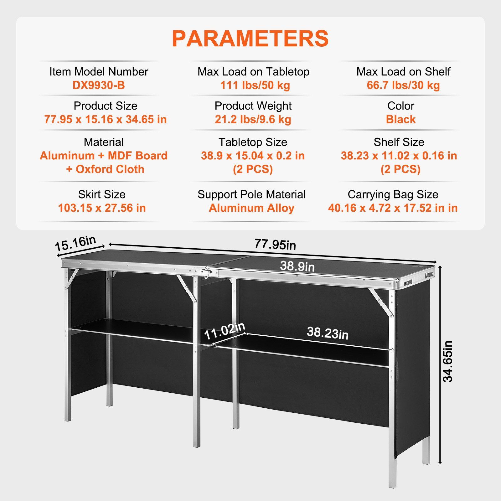 Folding Bar Table, Tradeshow Podium with Case&Storage Shelf 77.95×15.16×34.65″