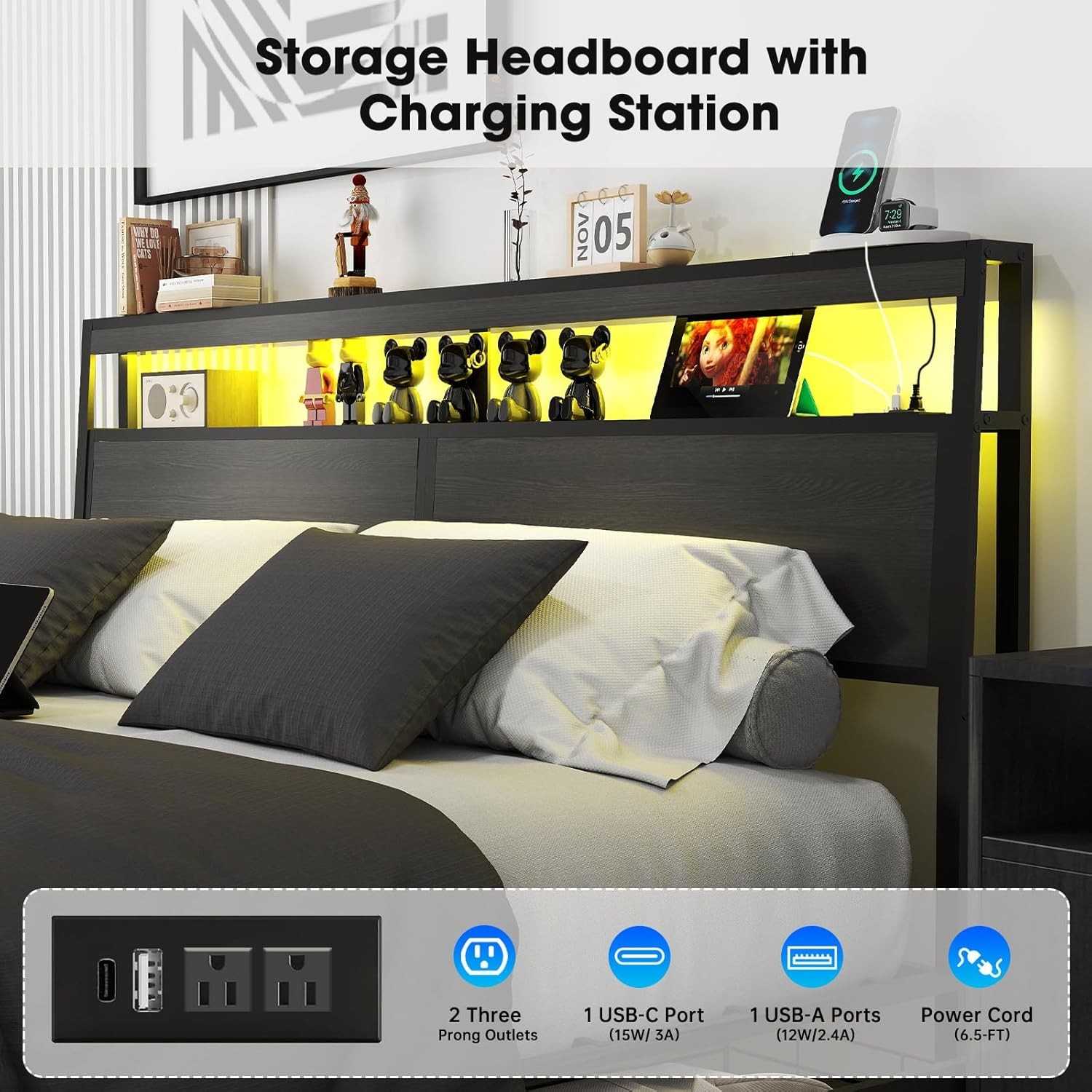 King Queen Full Size LED Bed Frame with Storage Headboard & 4 Drawers & Charging