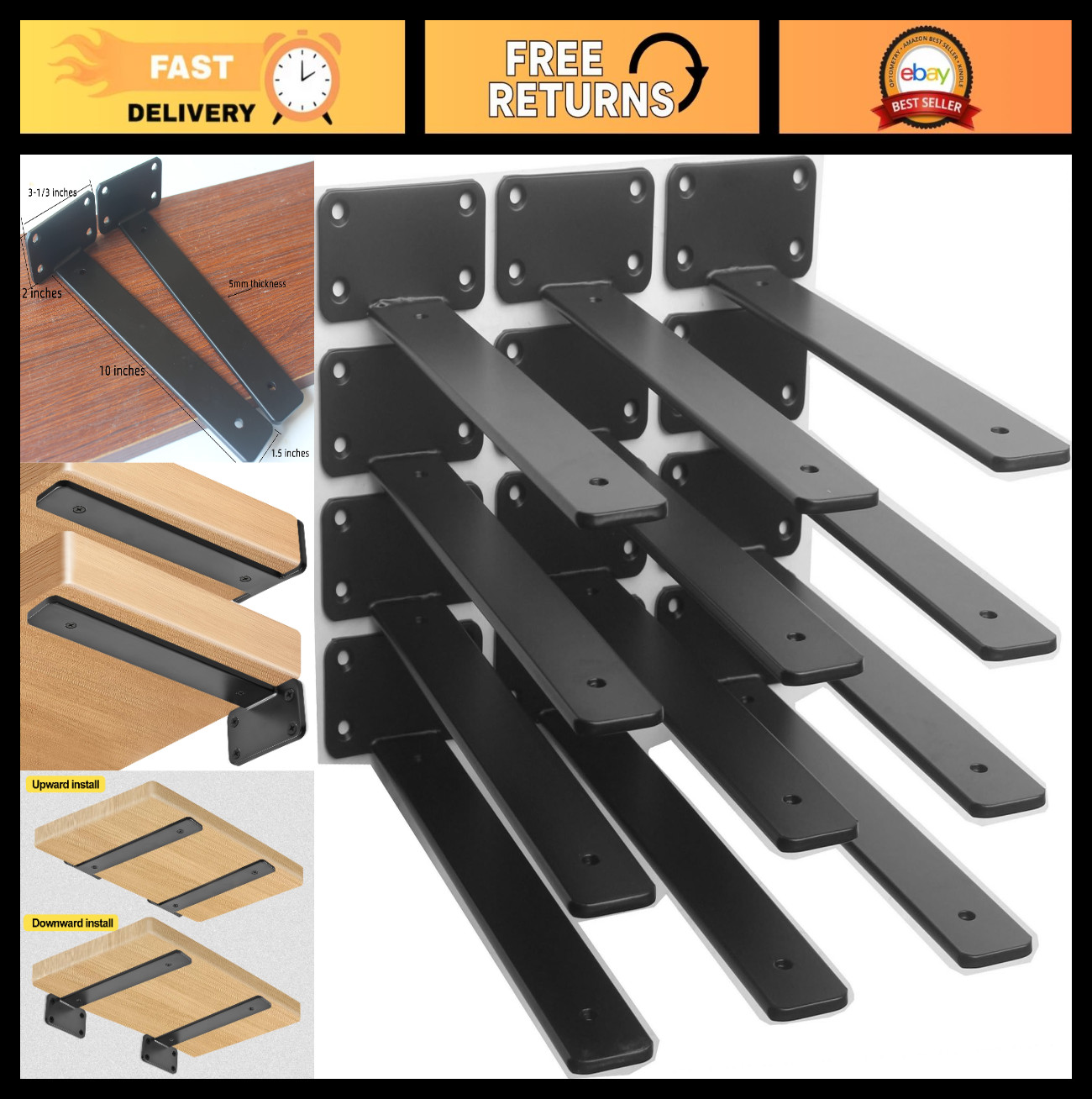 12 Pack 10″ Black Hidden L Shelf Brackets – Thick Iron Floating Shelf Supports,