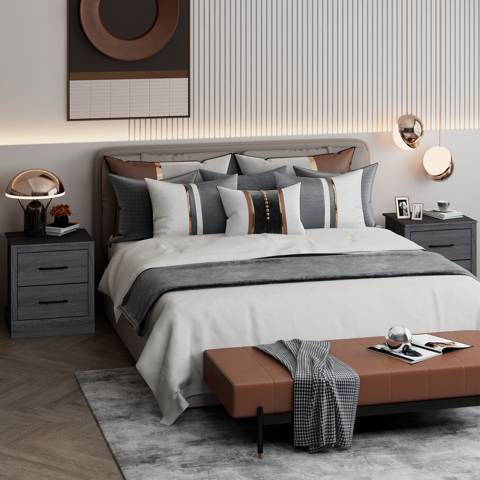 2 Drawer Nightstand Bedside Table Compact Sofa End Table Dark Grey Oak