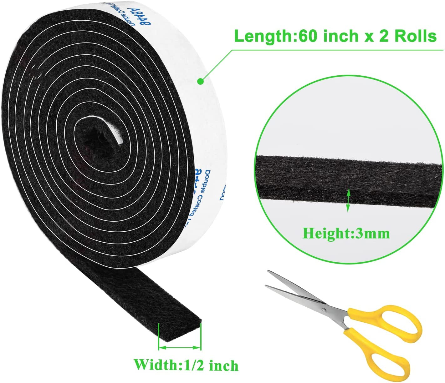 2 Pack Roll Felt Strips with Adhesive Backing: 1/2X60 Inches Black