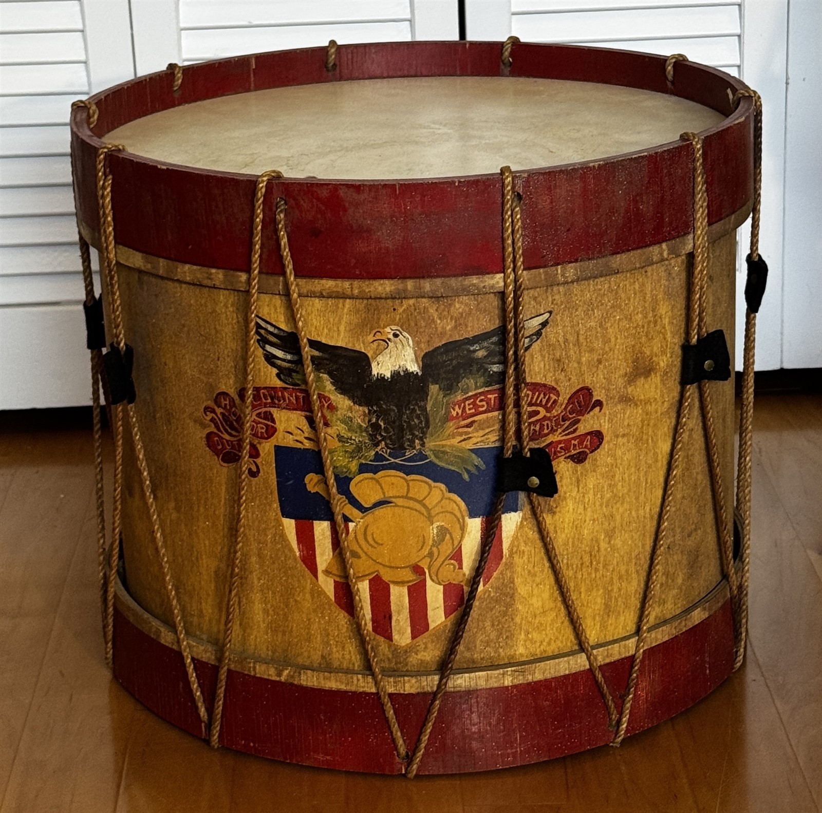 Vintage Patriotic Drum Table West Point Eagle Shield Colonial Revival 17.5”