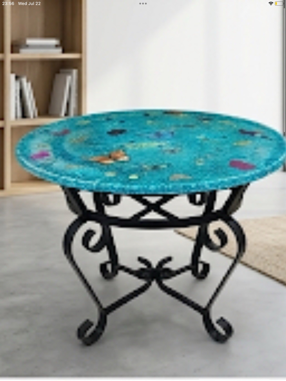 Round End & Side Table, Blue Glitter Butterfly Top, Black Metal Scroll Base