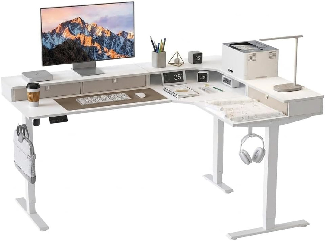 63X48 Inches L Shaped Standing Desk with 3 Drawers and Monitor Shelf, Height Adj