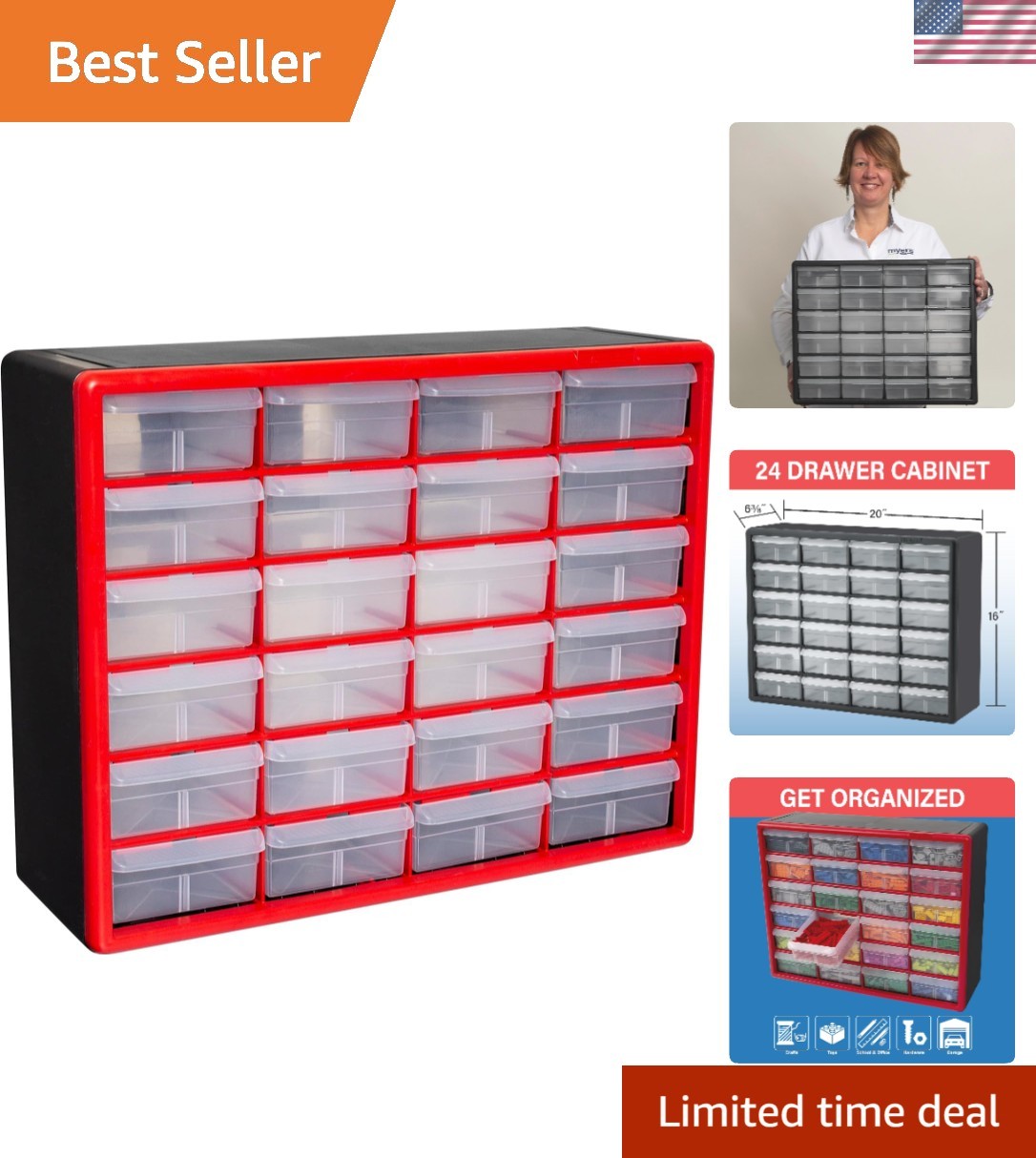 24-Drawer Plastic Cabinet for Art & Workshop: Durable, Wall Mountable Red Design