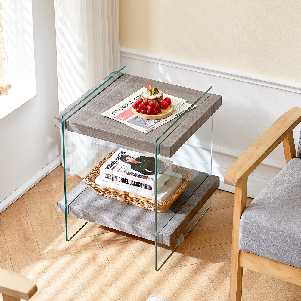 Bedroom Tempered Glass Leg Side Table with Dual MDF Shelves For Living Room